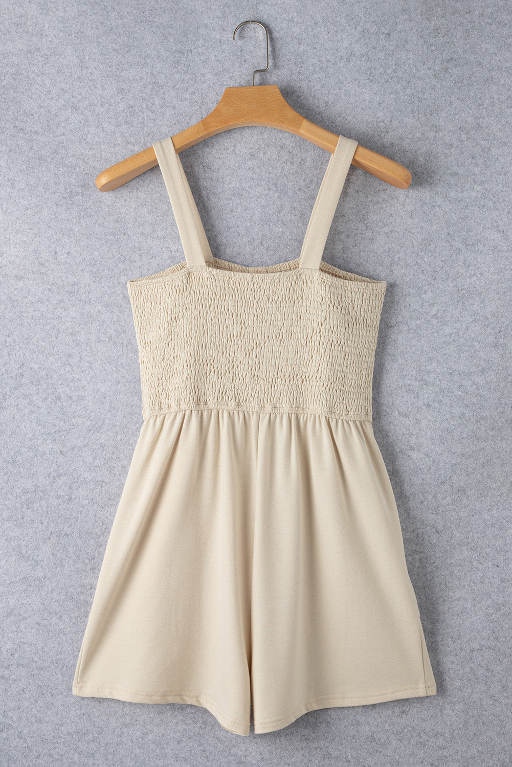 Beige Solid Color Buttons Smocked Sleeveless Romper