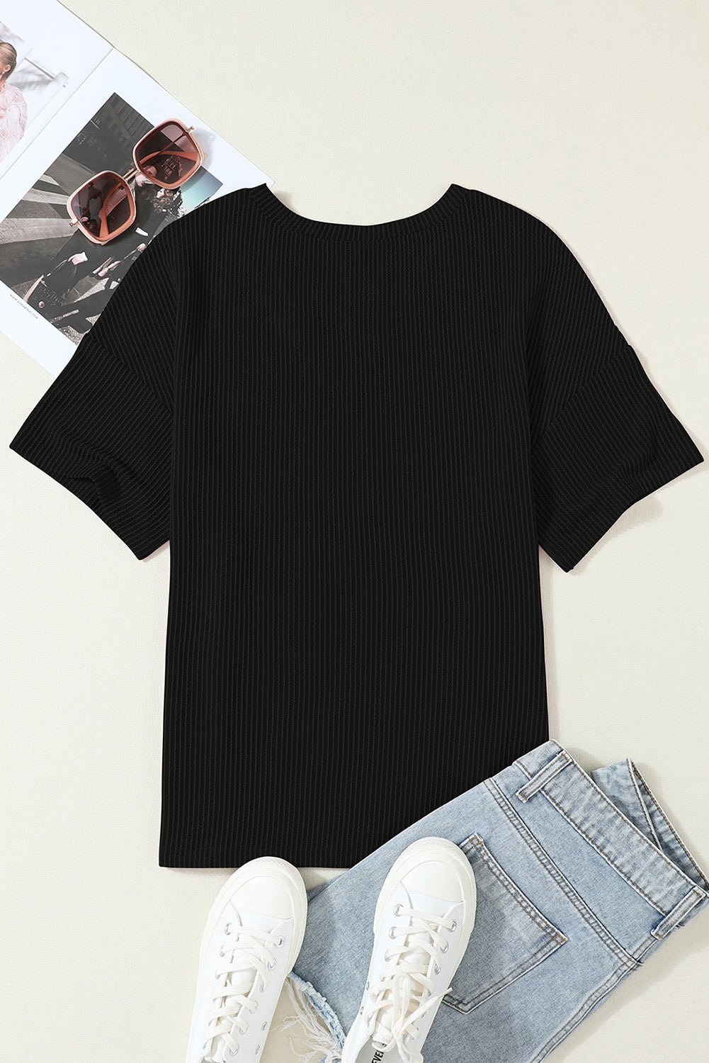 Black Ribbed V Neck Pocket Drop Sleeve T-Shirt