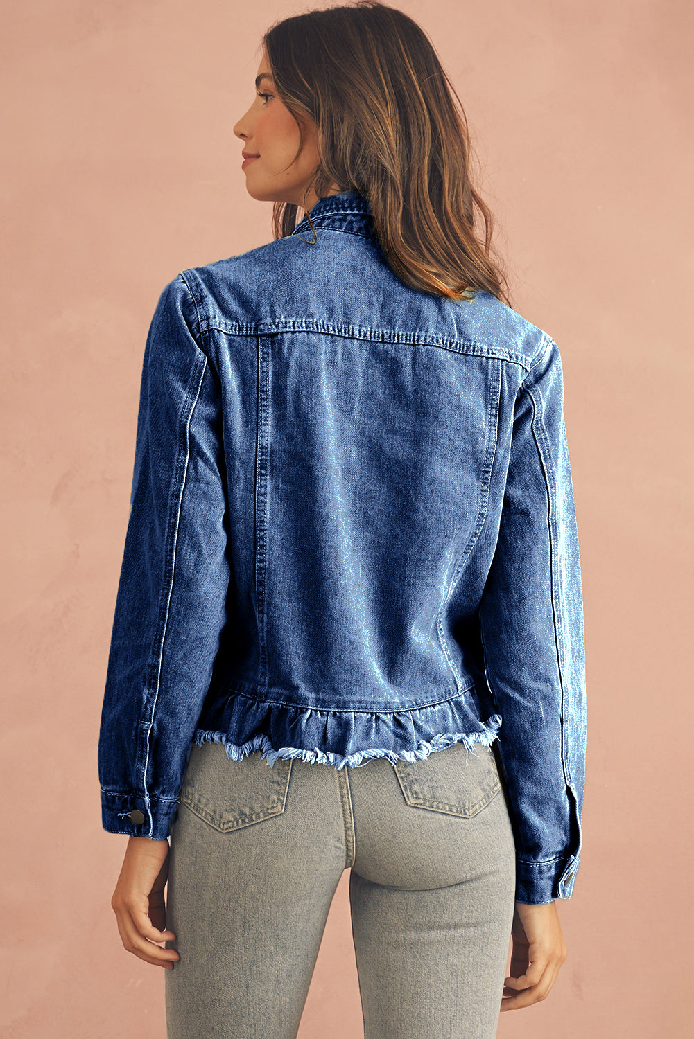 Navy Blue Ruffle Raw Hem Flap Pockets Denim Jacket