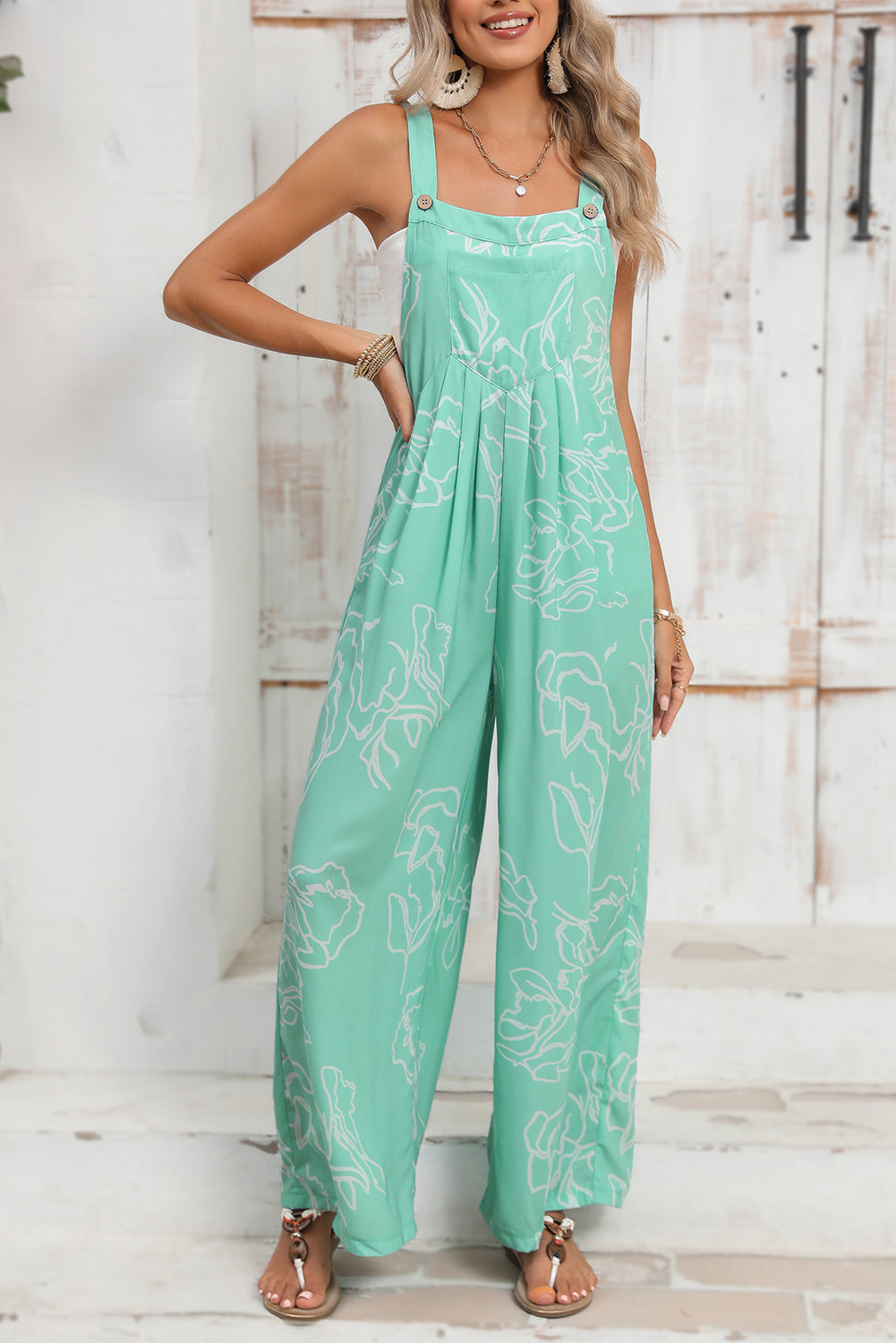 Moonlight Jade Abstract Print Wide Leg Bib Overall