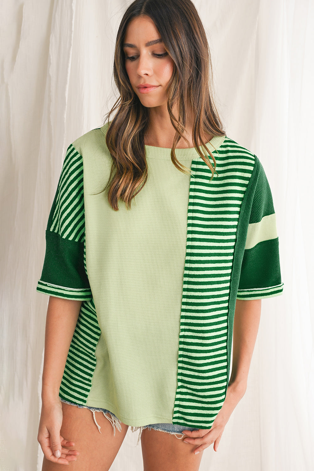 Mint Green Striped Patchwork Half Sleeve T Shirt