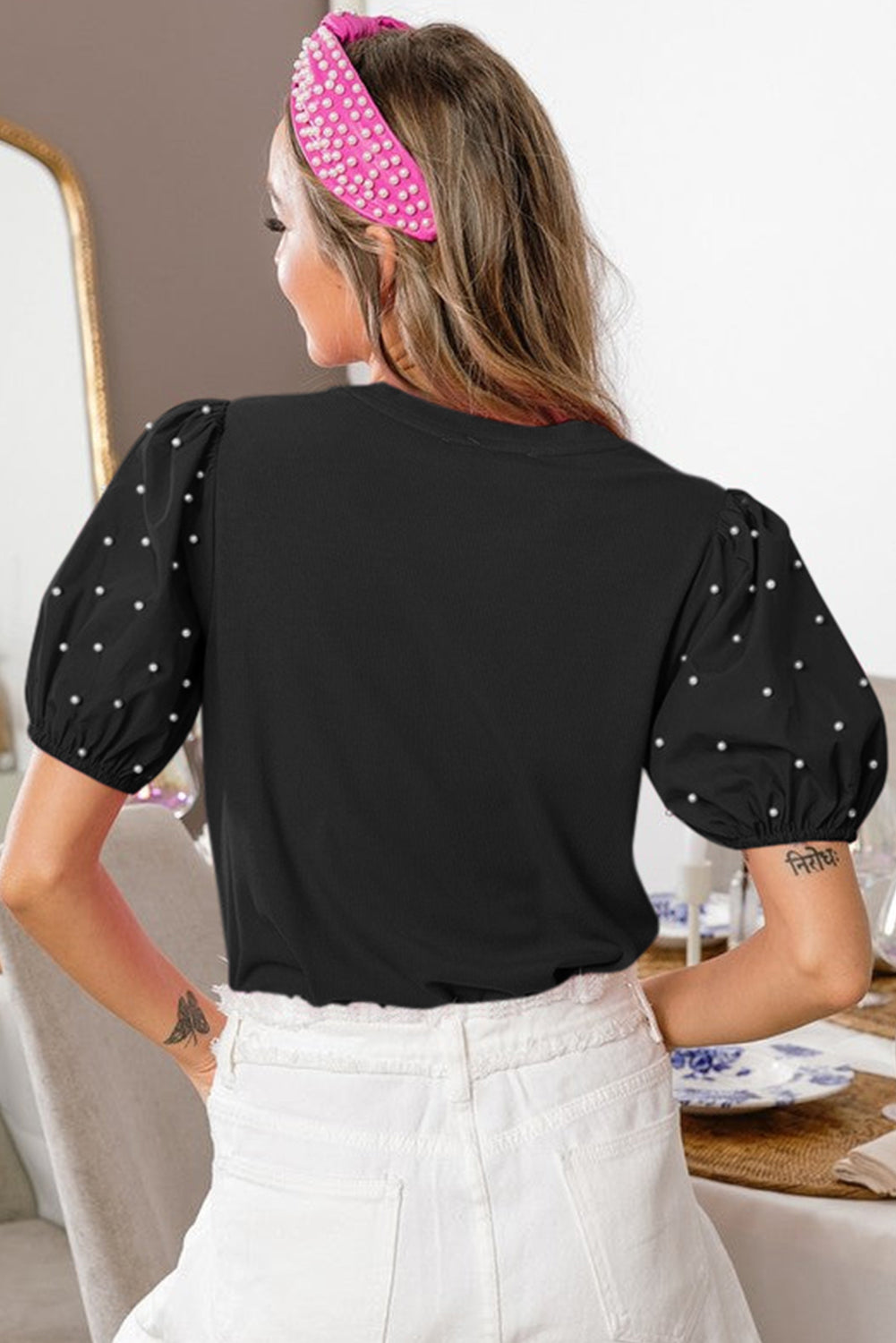 Black Ribbed Pearl Beaded Puff Sleeve Top