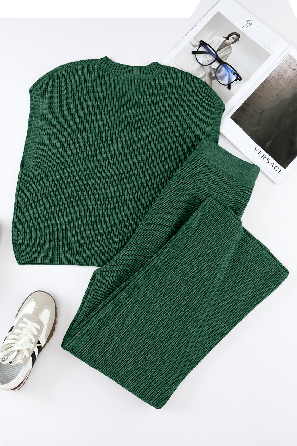 Green Knitted V Neck Sweater and Wide Leg Pants Set