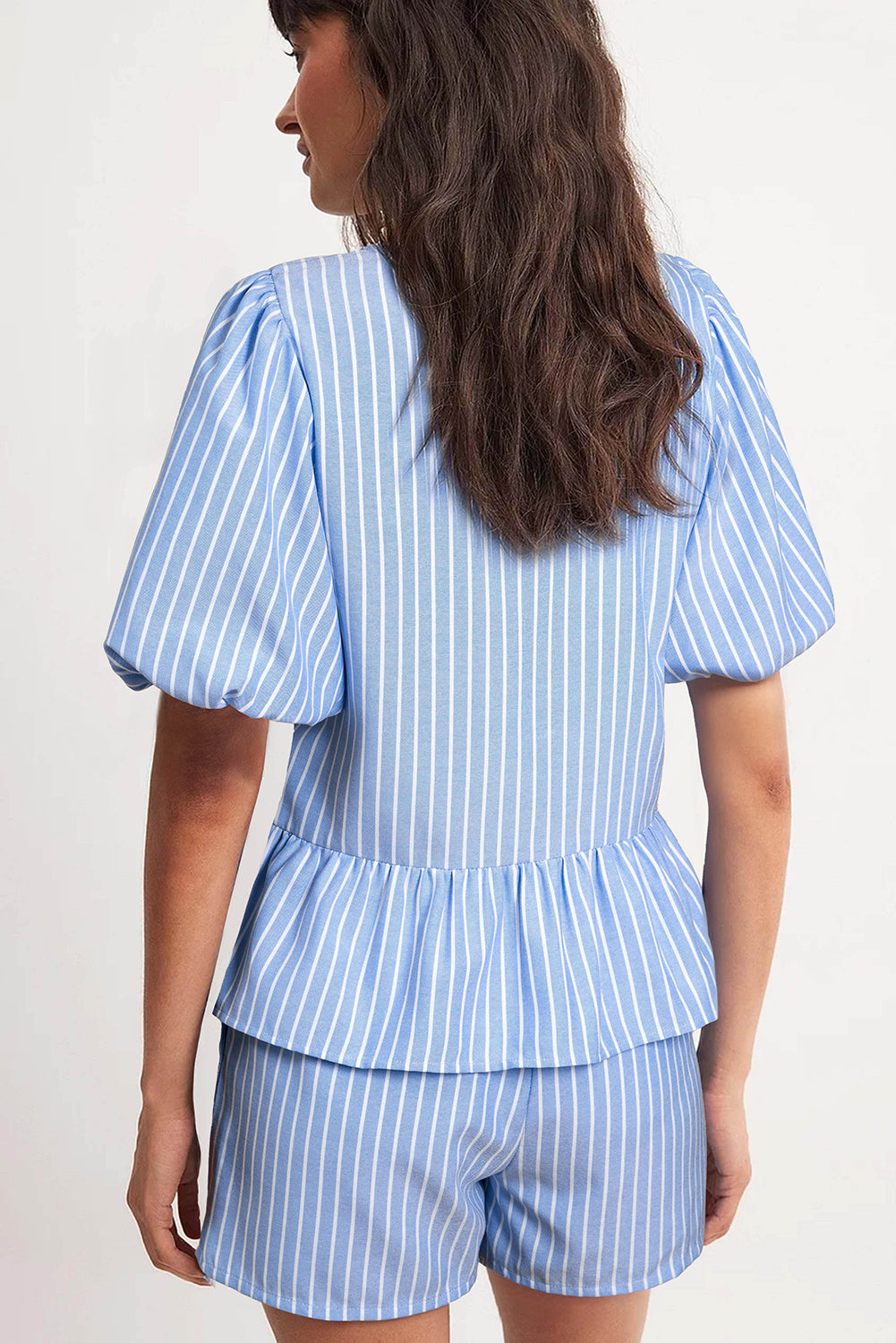 Sky Blue Striped Bow Tie Front Blouse and Drawstring Shorts Set