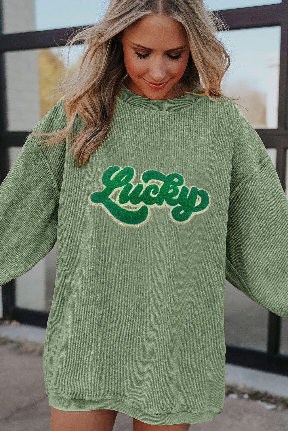 Grass Green Chenille Lucky Patched Graphic Ribbed St Patrick Sweatshirt