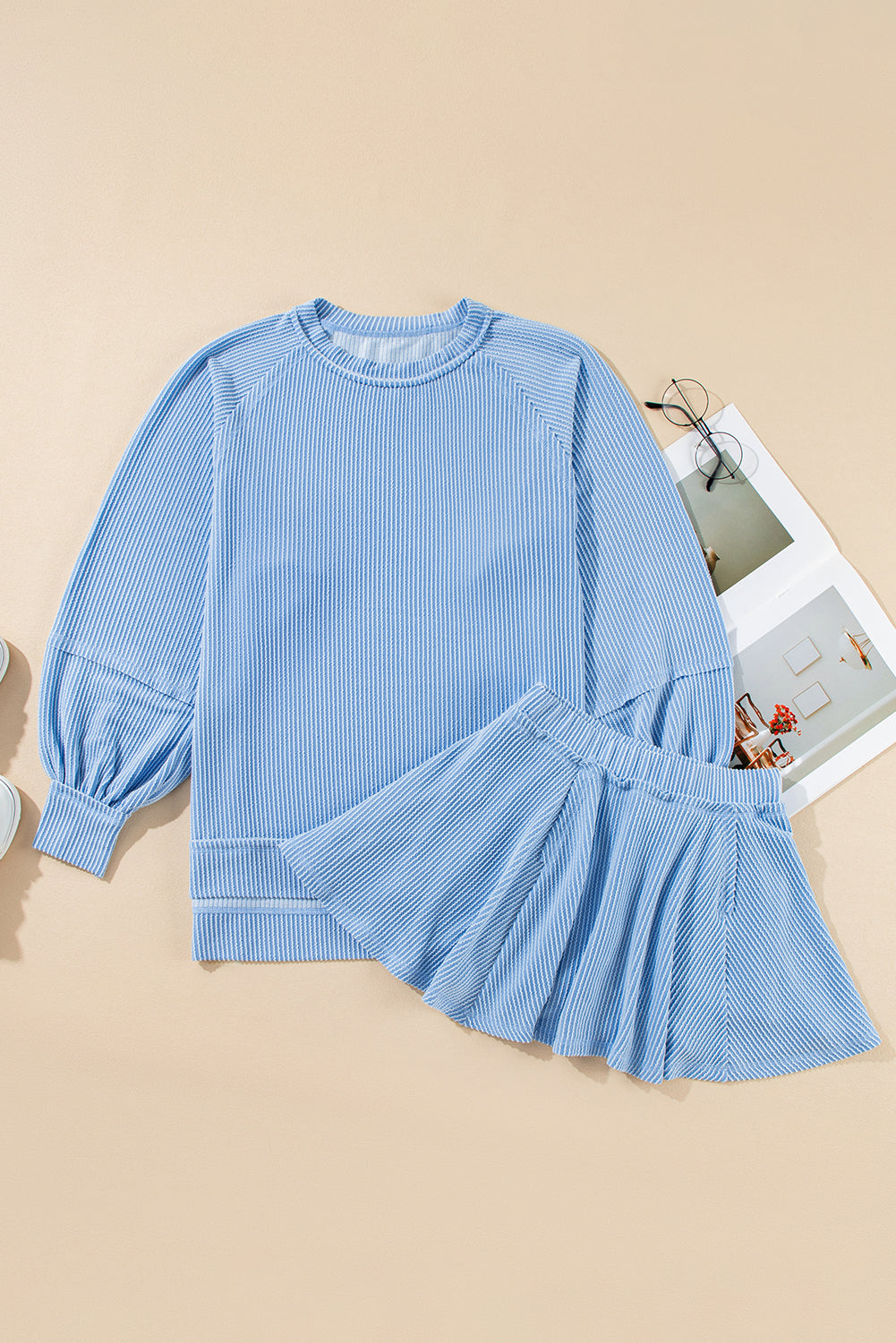 Sky Blue Corded Lantern Sleeve Pullover Ruffle Mini Skirt Set