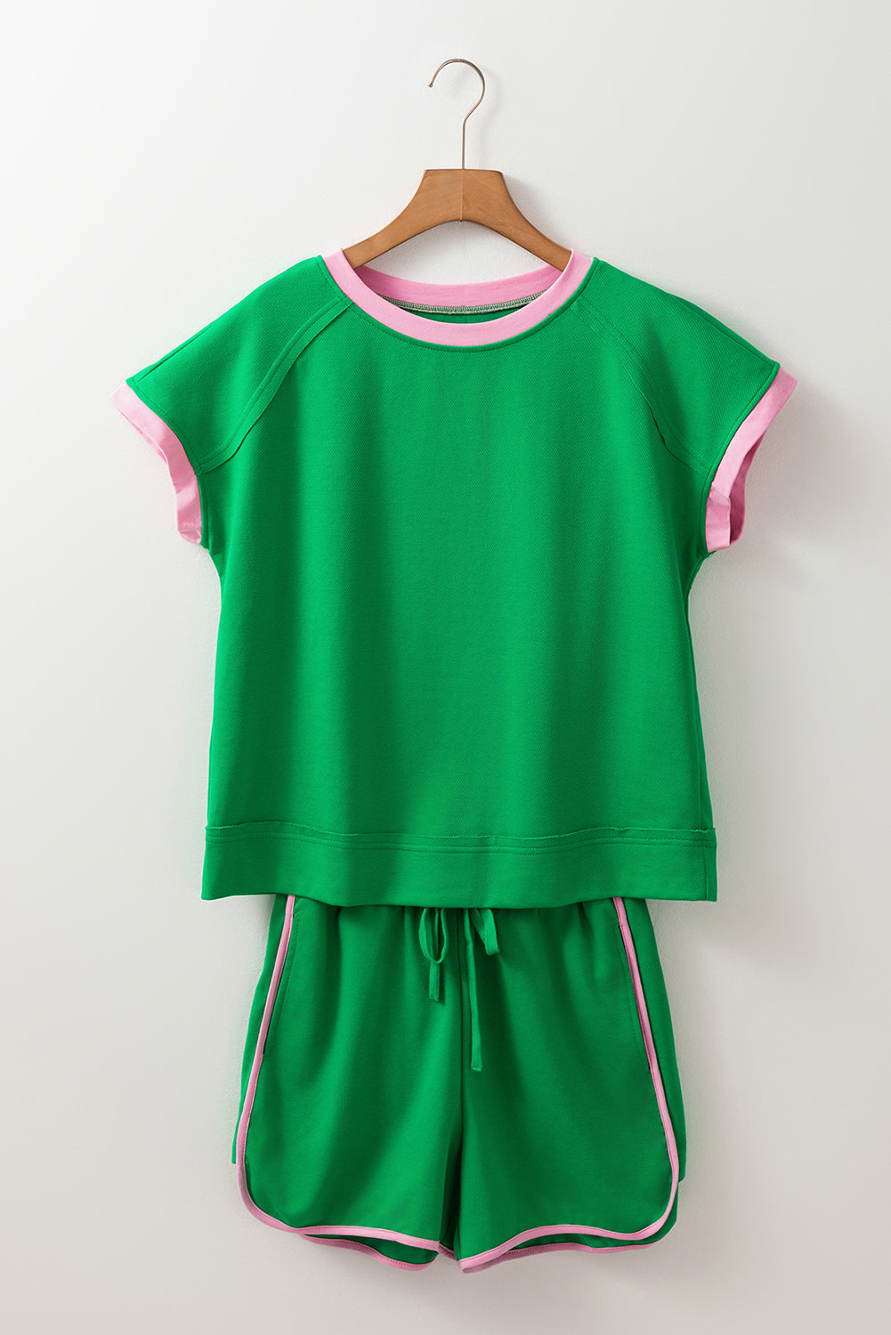 Bright Green Two Tone Contrast Trim Textured Tee and Shorts Set