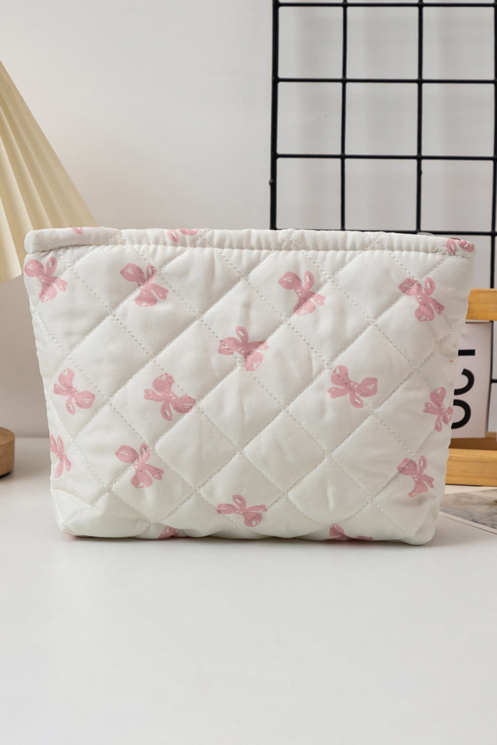 White Bow Knot Print Zipper Quilted Large Cosmetic Bag