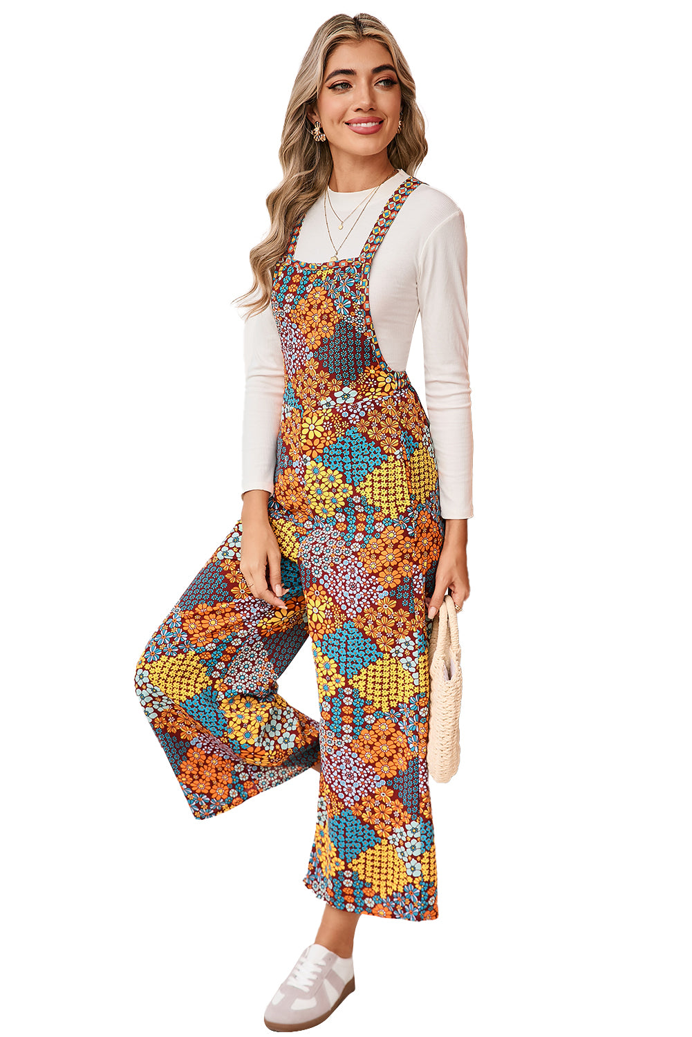 Multicolour Boho Floral Print Cropped Wide Leg Overalls