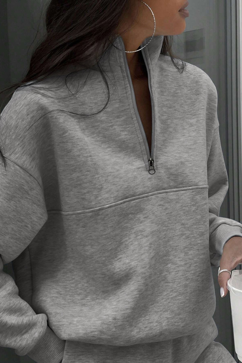 Light Grey Half Zip Drop Shoulder Sweatshirt And Sweatpants Two Piece Set