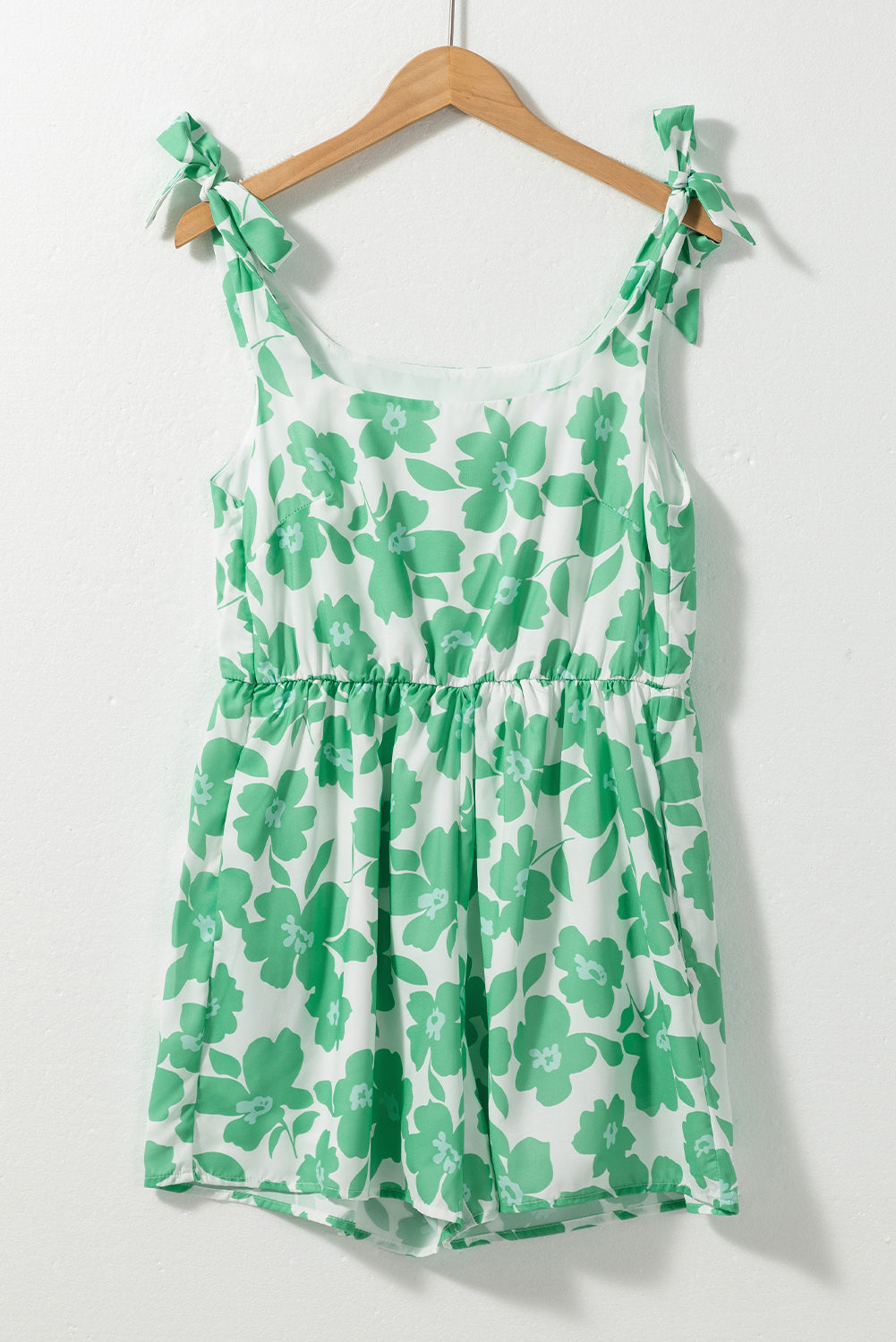 Green 60s Floral Print Knotted Strap Flared Romper