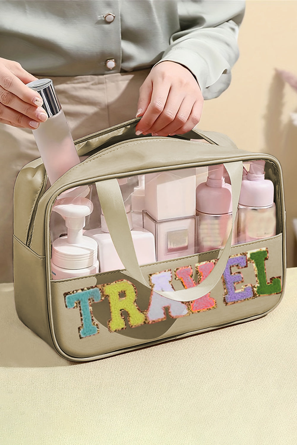 Black TRAVEL Chenille Letter Clear PVC Makeup Bag