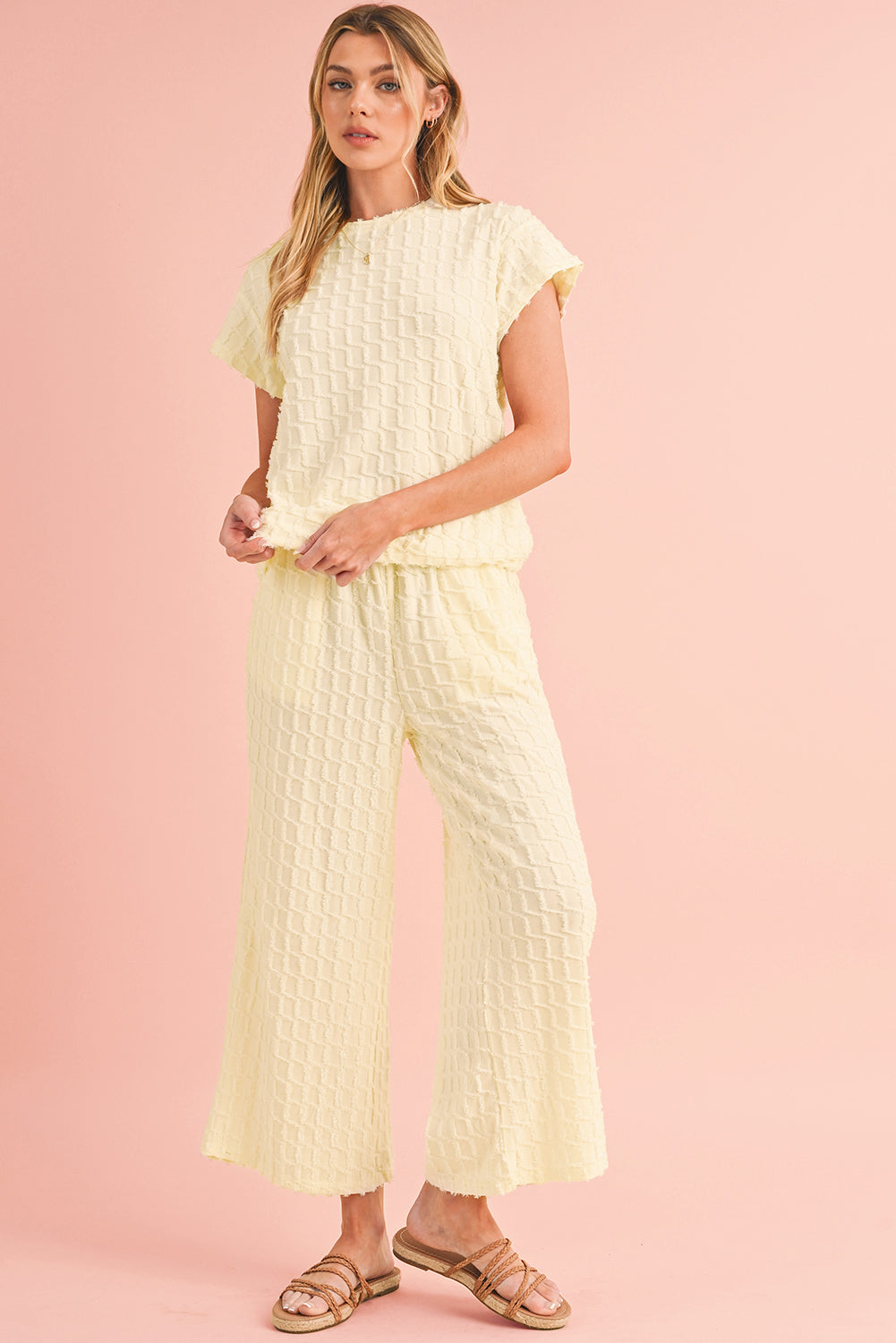 Apricot Lattice Textured Tee and Wide Leg Pants Two-Piece Set