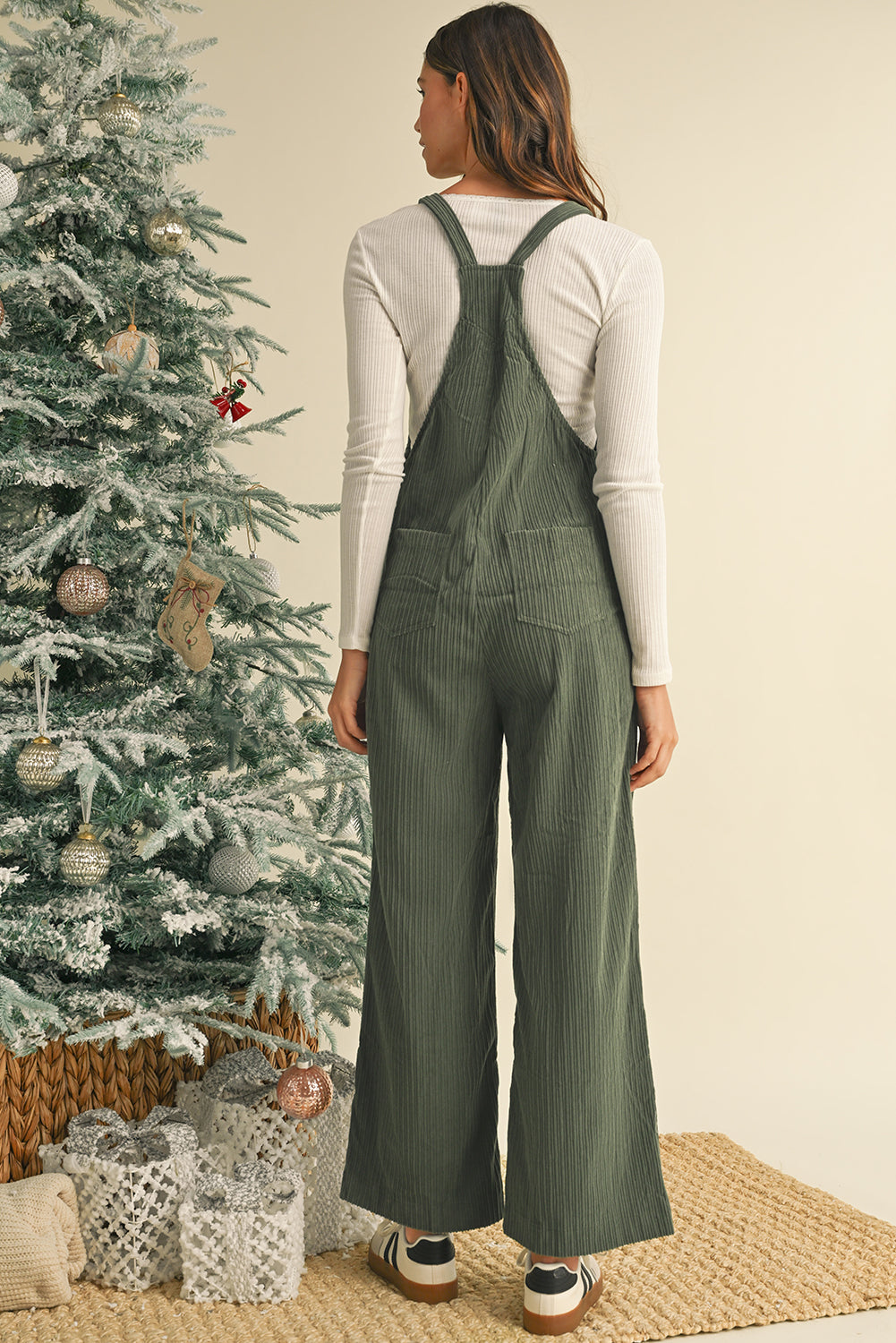 Jungle Green Plain Pocketed Loose Fit Corduroy Overalls