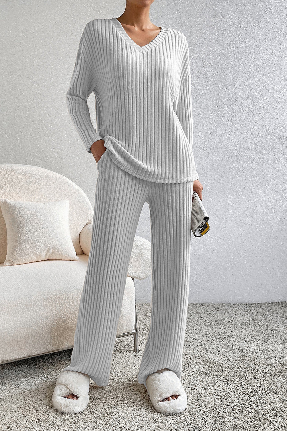 Light Grey Slouchy Ribbed Knit V Neck Top & Pants Loungewear Set