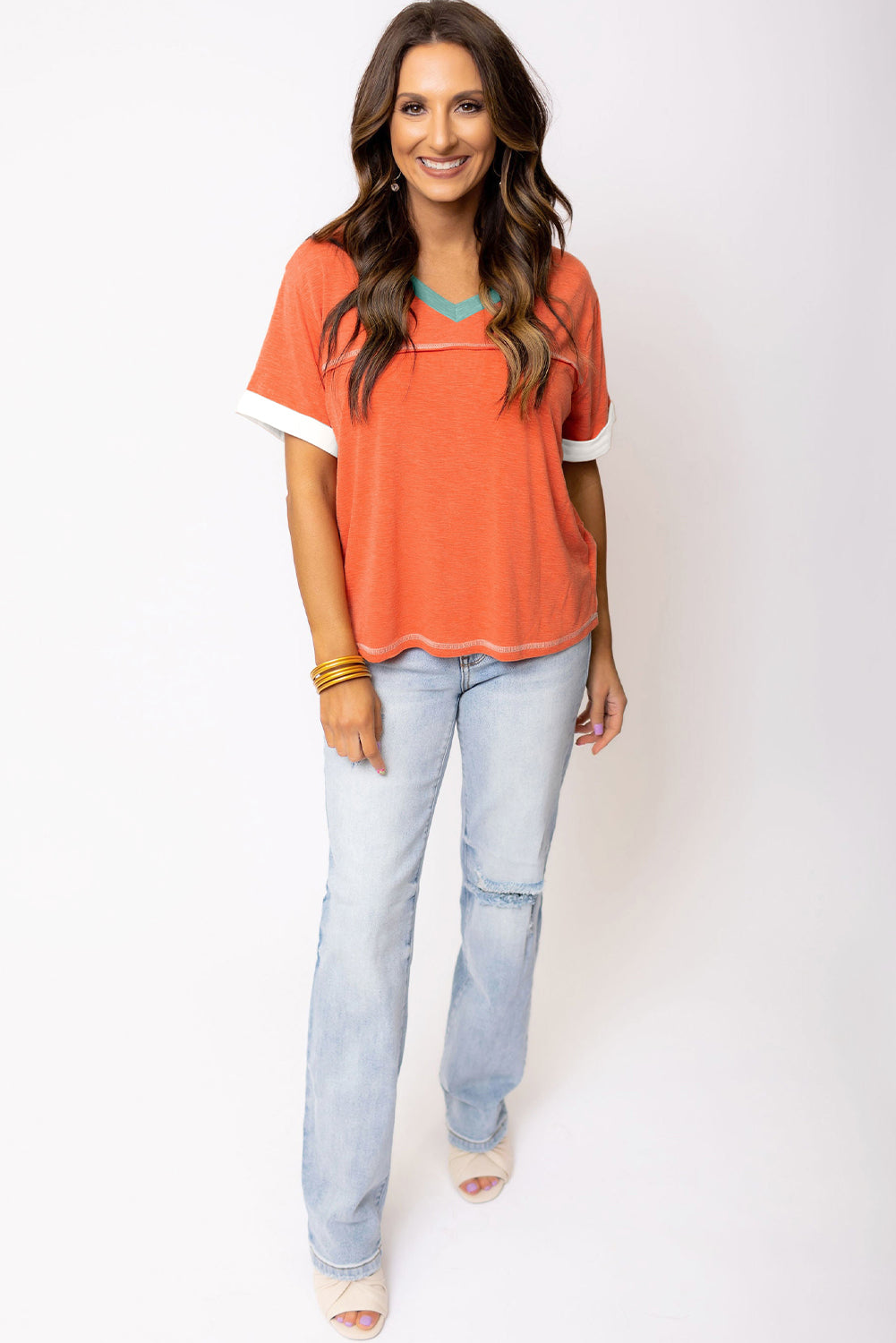 Grapefruit Orange Contrast Trim Exposed Seam V Neck T Shirt