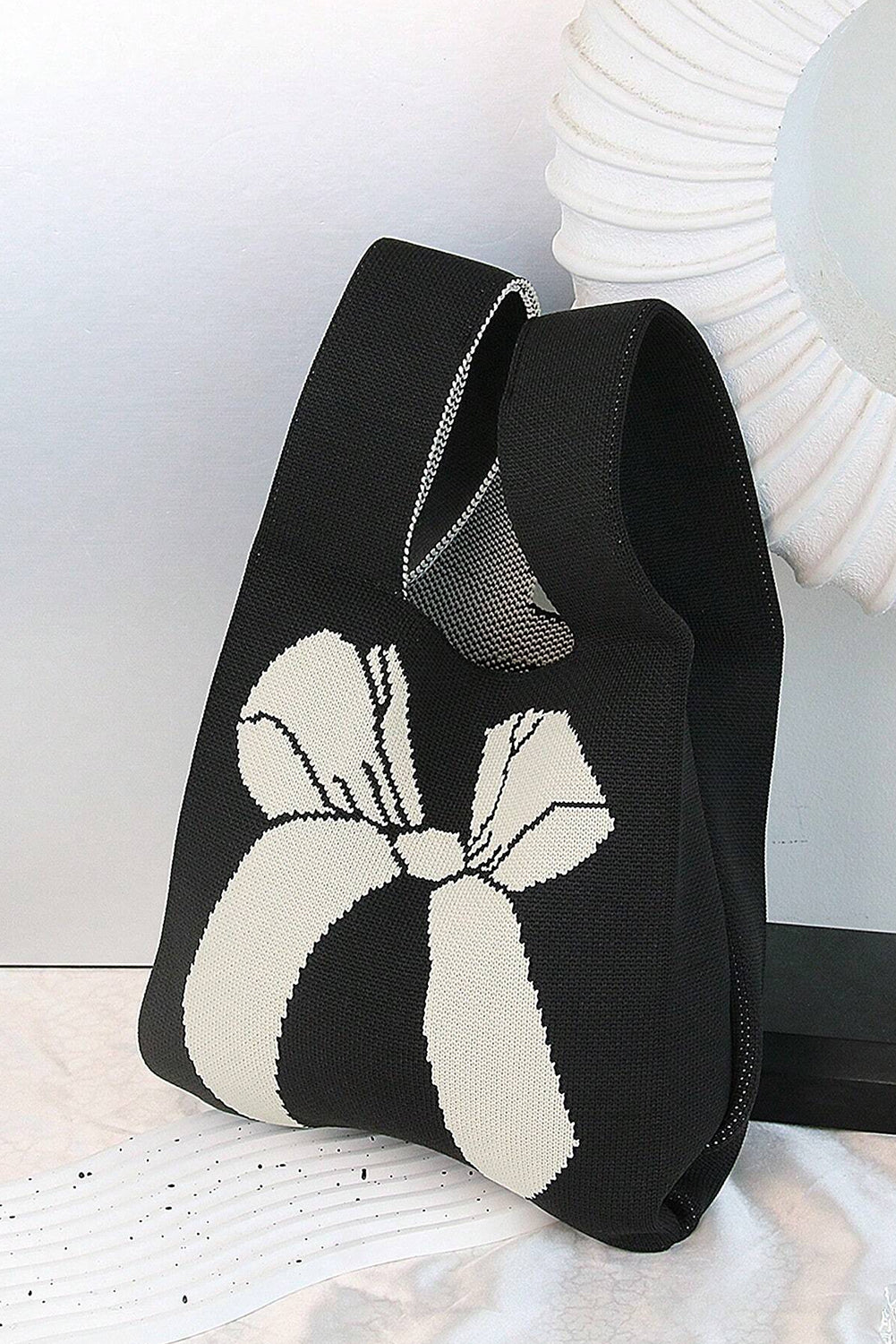 Black Colorblock Bowknot Pattern Knitted Tote Bag