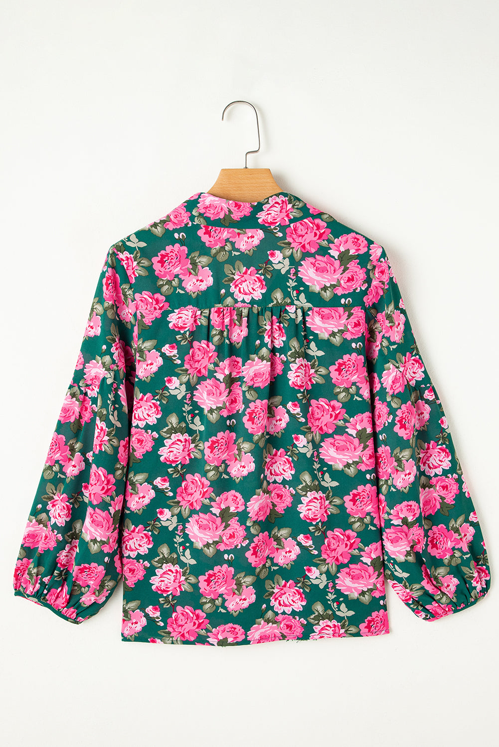 Green Floral Print Collared Puff Sleeve Blouse