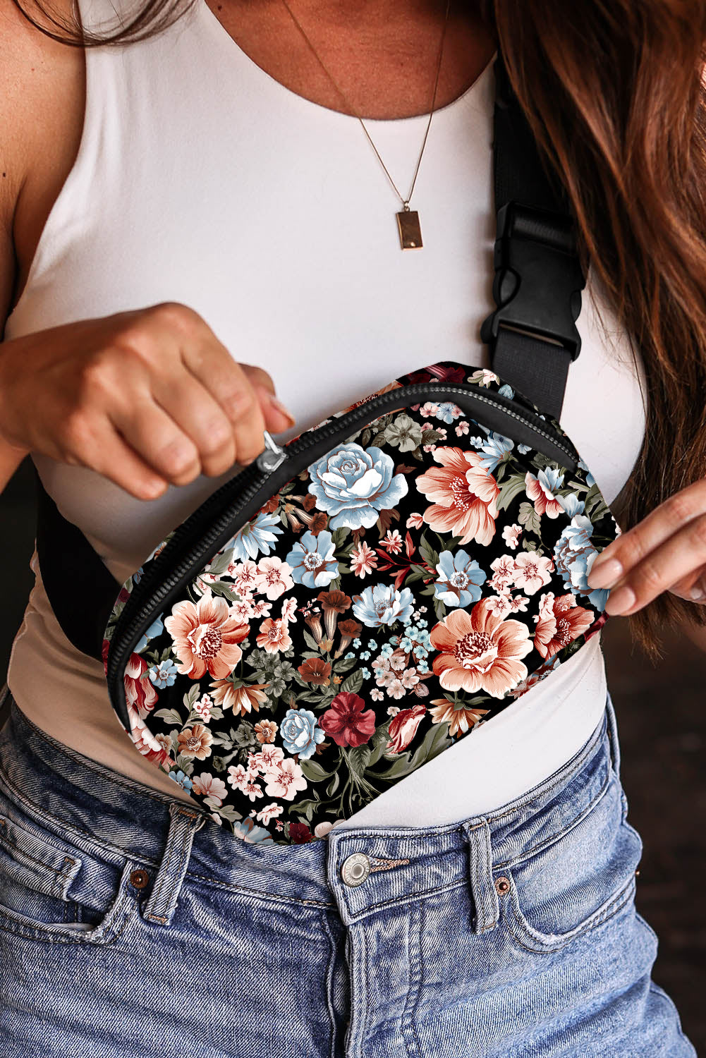 Black Floral Zipper Crossbody Bag