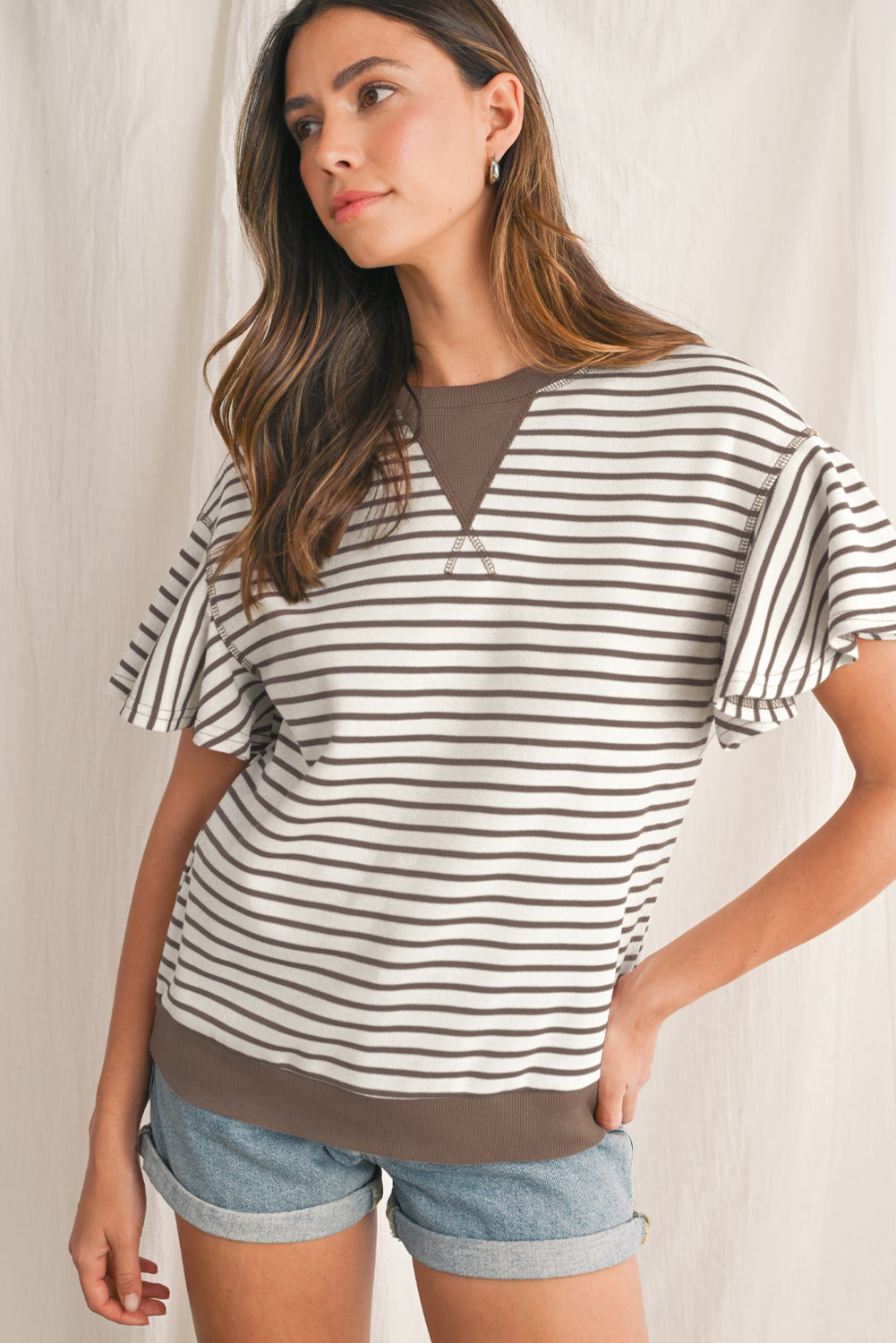 Parchment Striped Ruffle Sleeve Round Neck Top