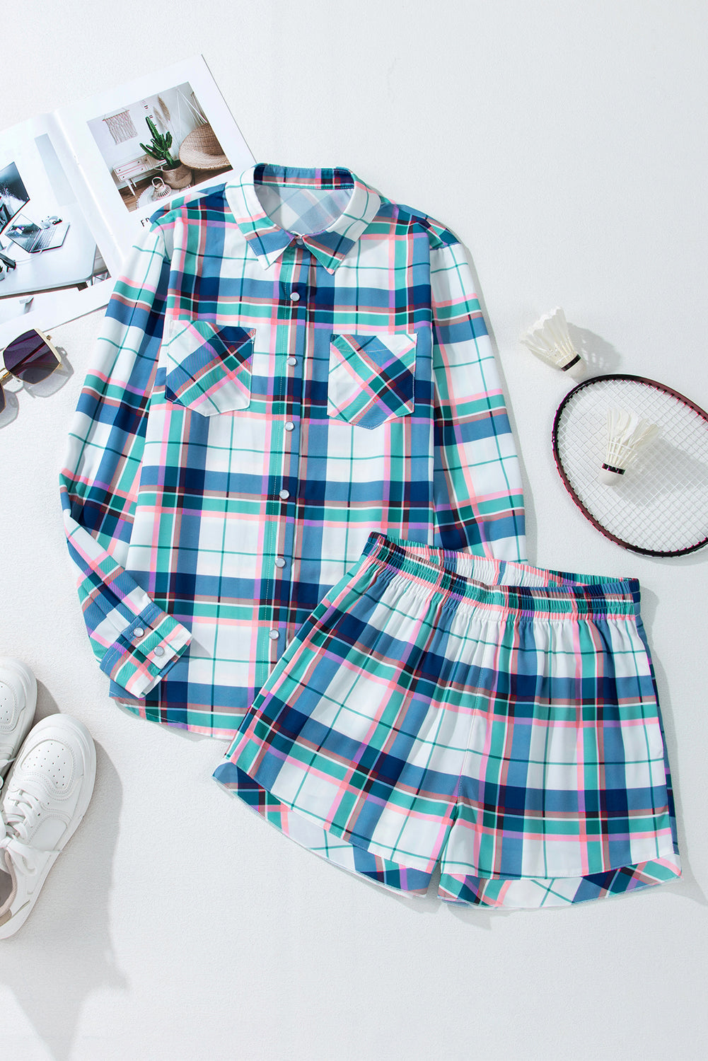 Blue Plaid Print Shirt and Frill Trim Shorts Pajama Set