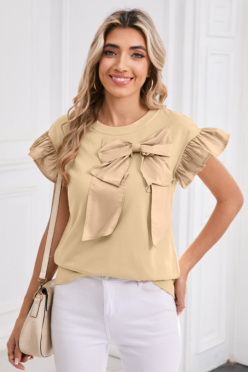 Parchment Ribbon Bow Ruffle Sleeve Round Neck Top