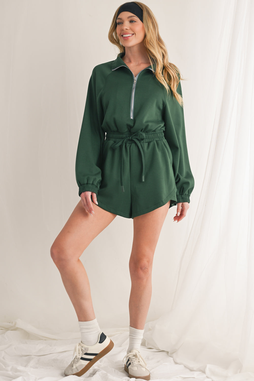 Blackish Green Solid Zip-up Drawstring Romper