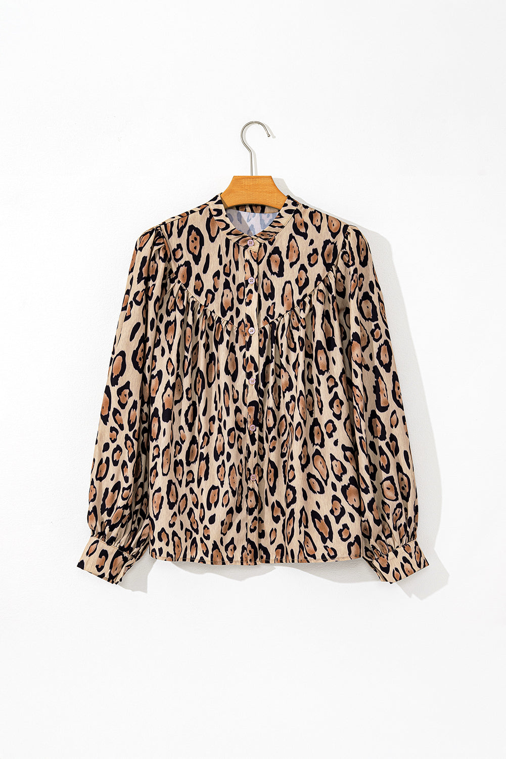 Rose Red Leopard Print Balloon Sleeve Loose Blouse