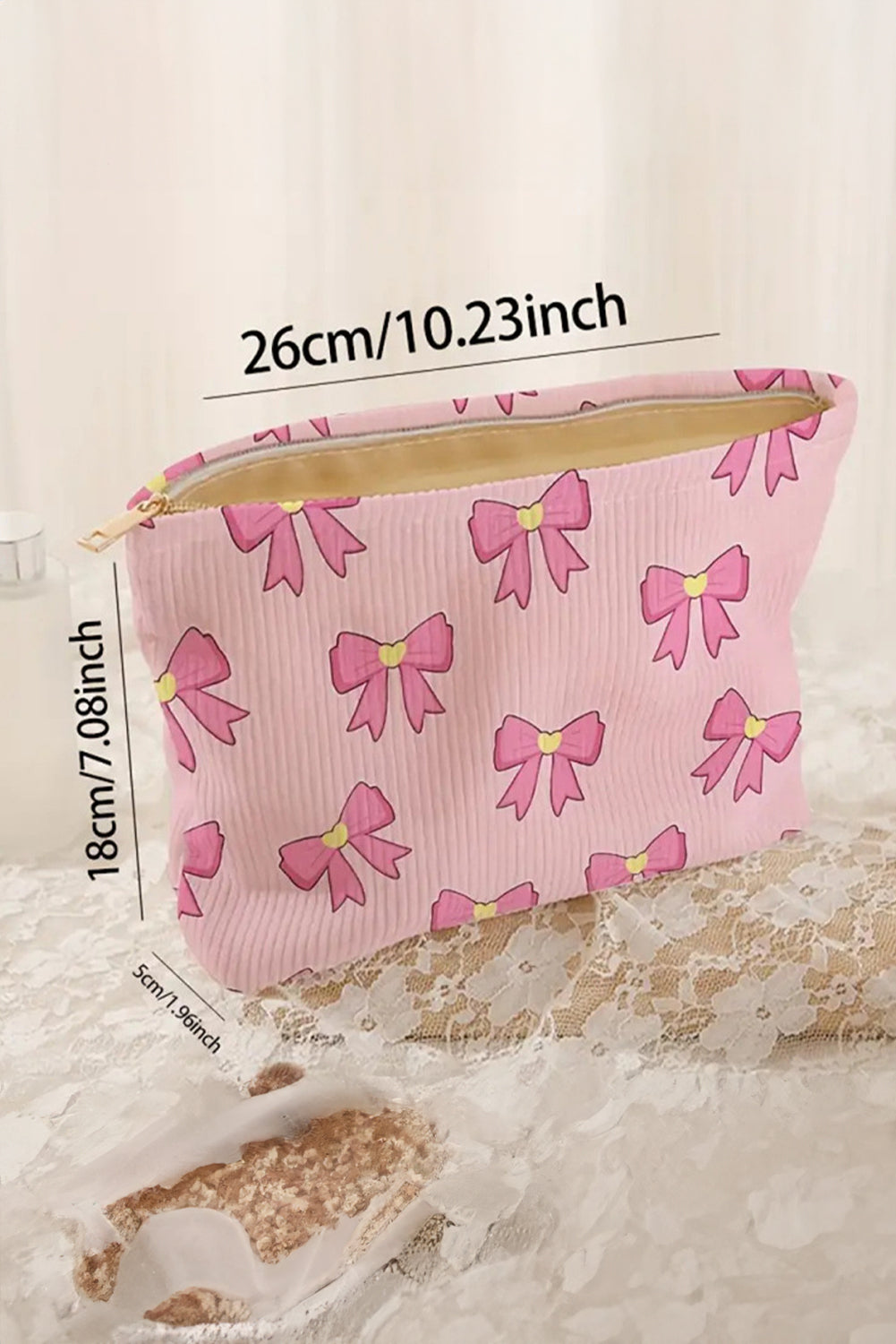 Pink Bow Print Corduroy Zipper Makeup Bag