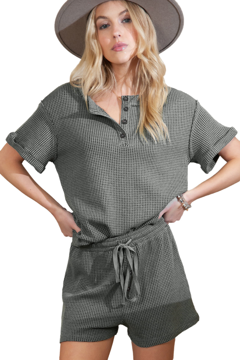 Laurel Green Waffle Knit Henley Top and Drawstring Shorts Set