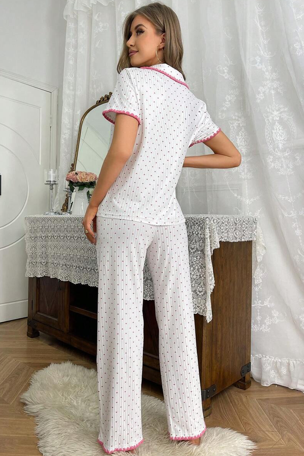 White Heart Print Contrast Trim Shirt and Pants Pajama Set