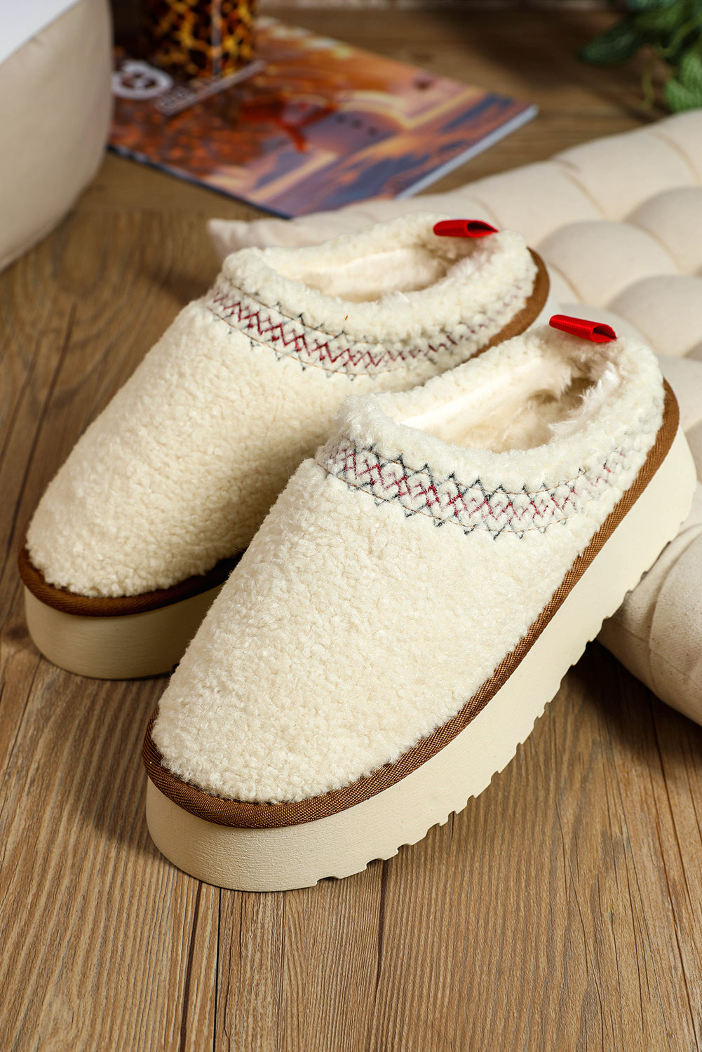 Oatmeal Suede Contrast Plush Thick Sole Slippers