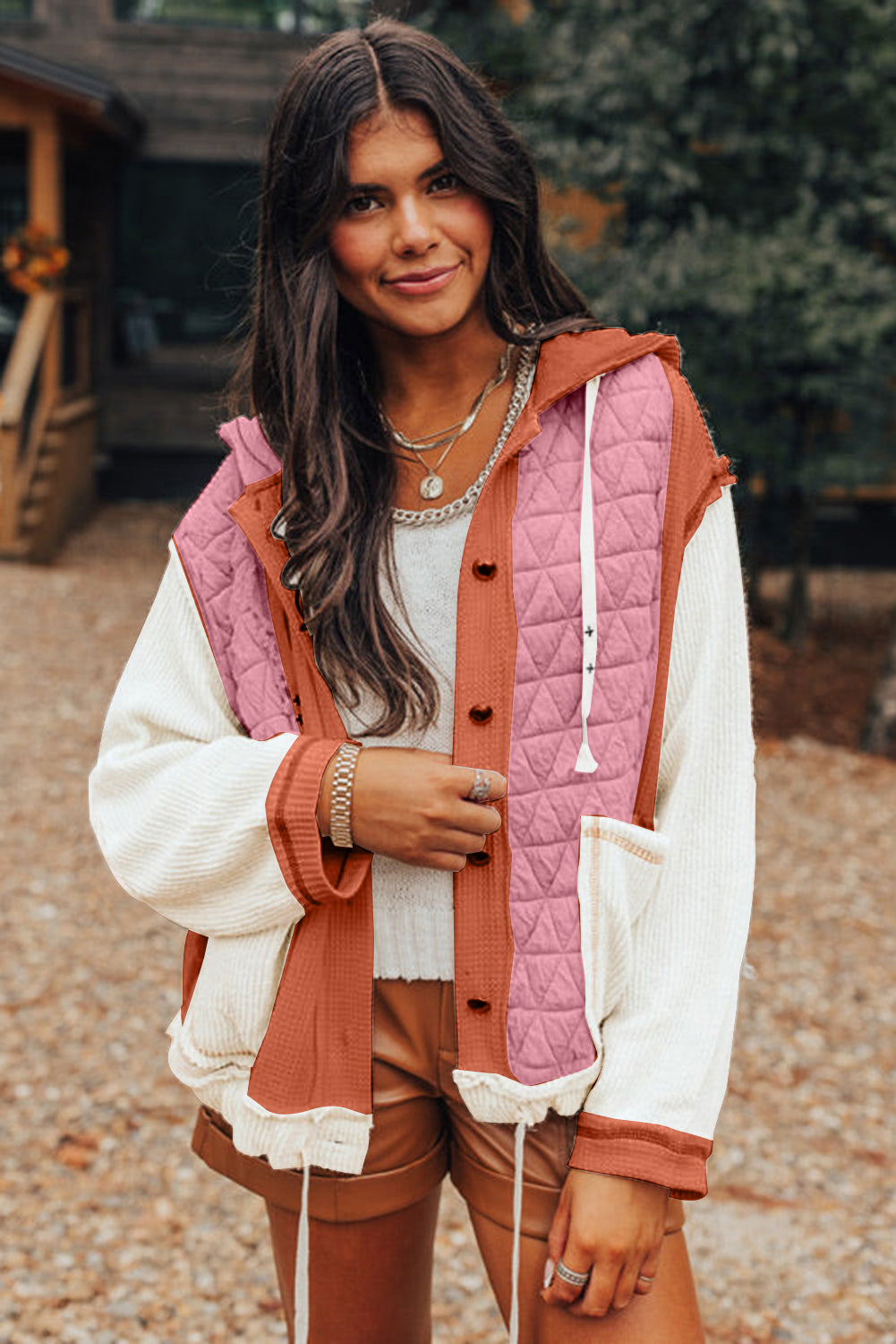 Beige Quilted Textured Patchwork Hooded Jacket