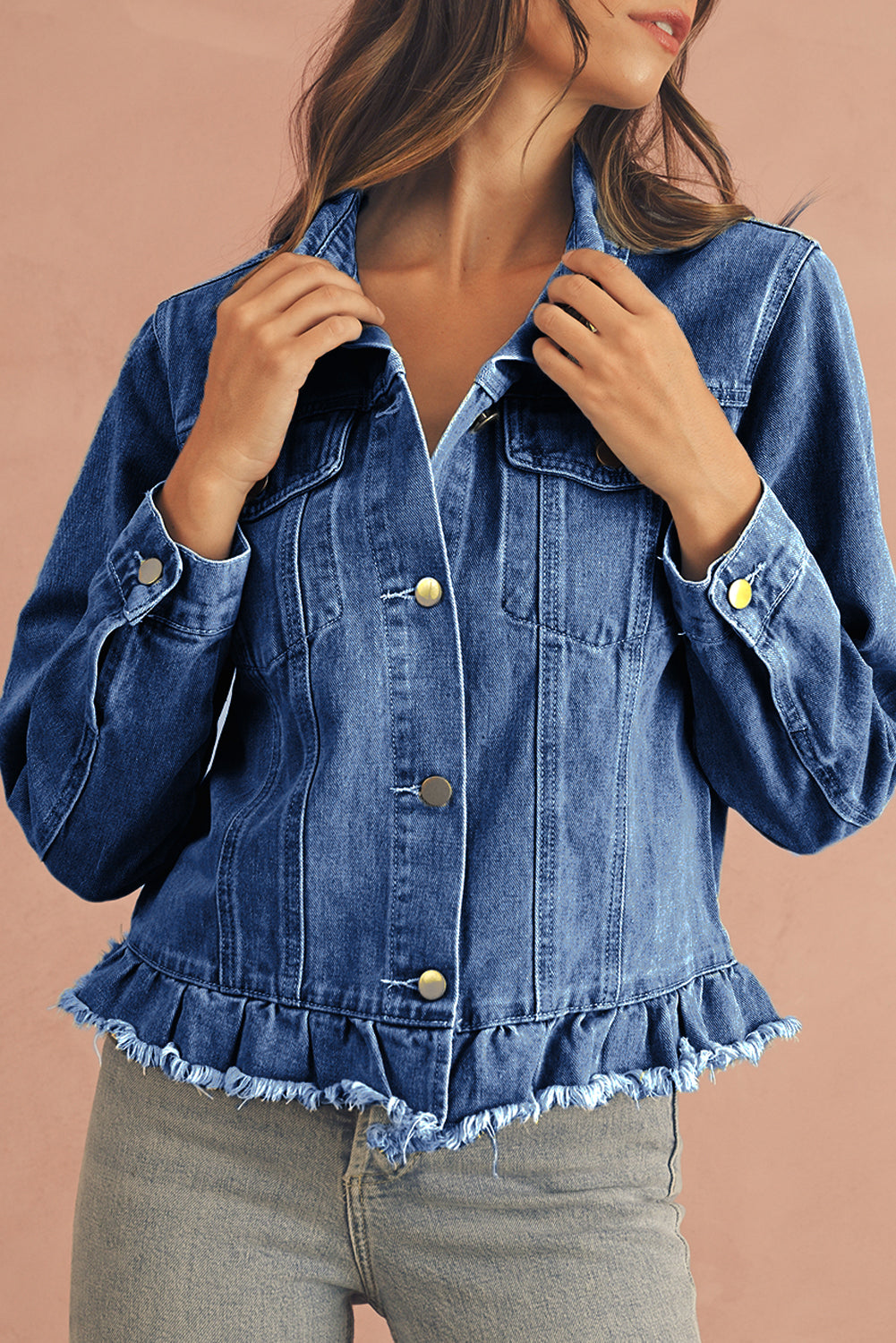 Navy Blue Ruffle Raw Hem Flap Pockets Denim Jacket