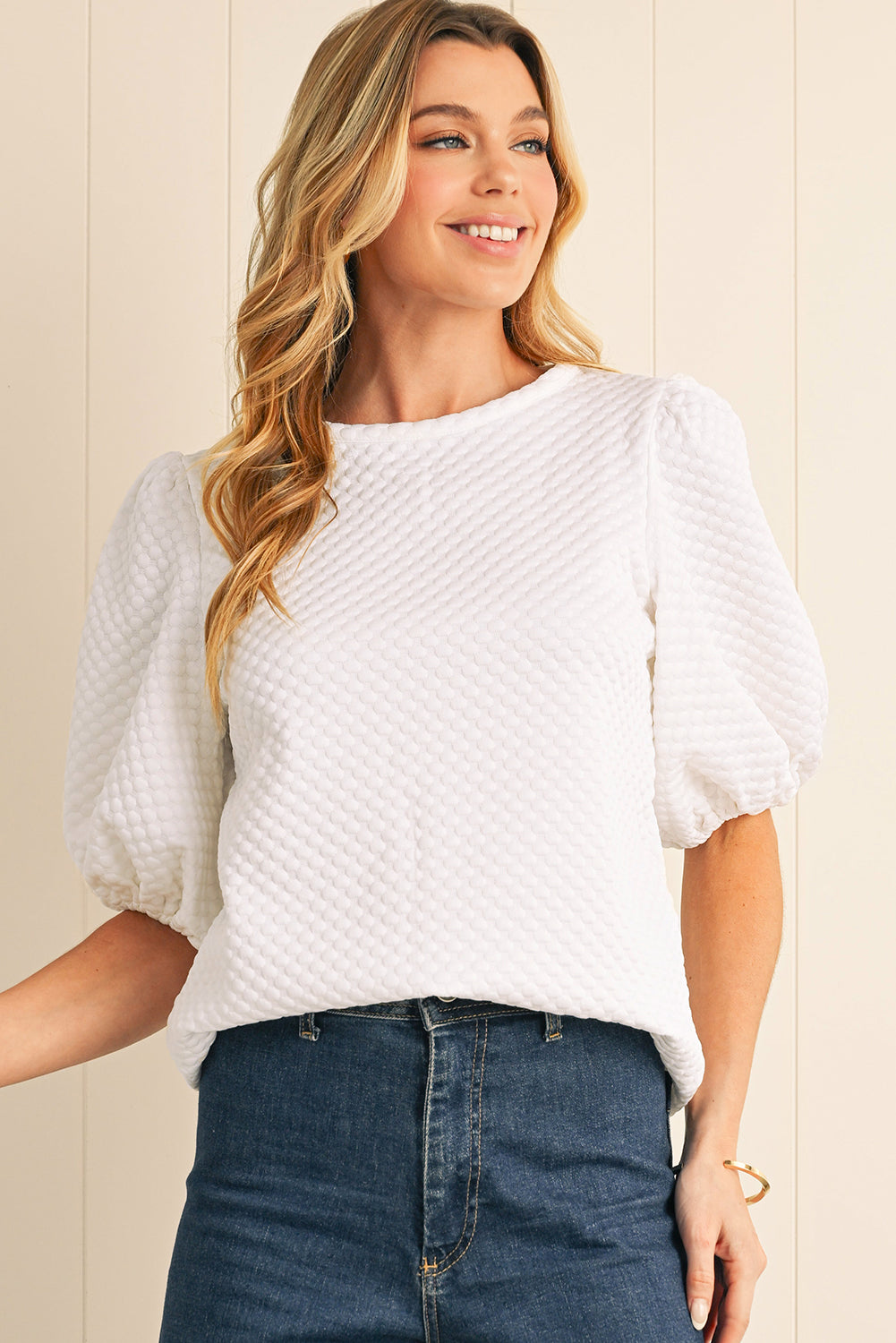 White Solid Textured O Neck Puff Sleeve Blouse