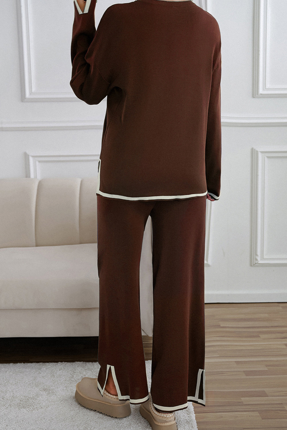 Coffee Contrast Trim Split Cuffs Round Neck Top and Pants Set