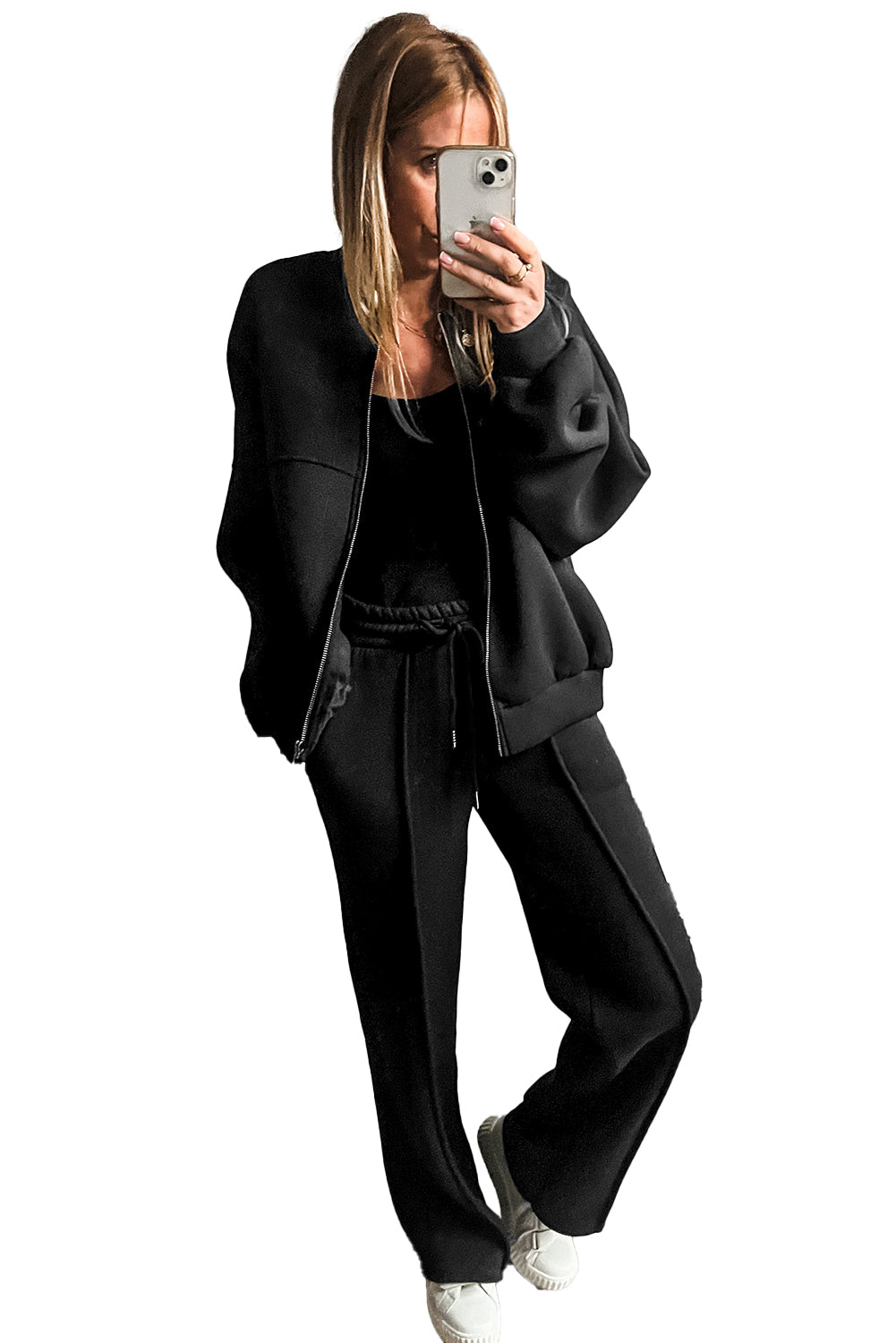 Black Seamed Zipper Jacket and Drawstring Waist Pants Set