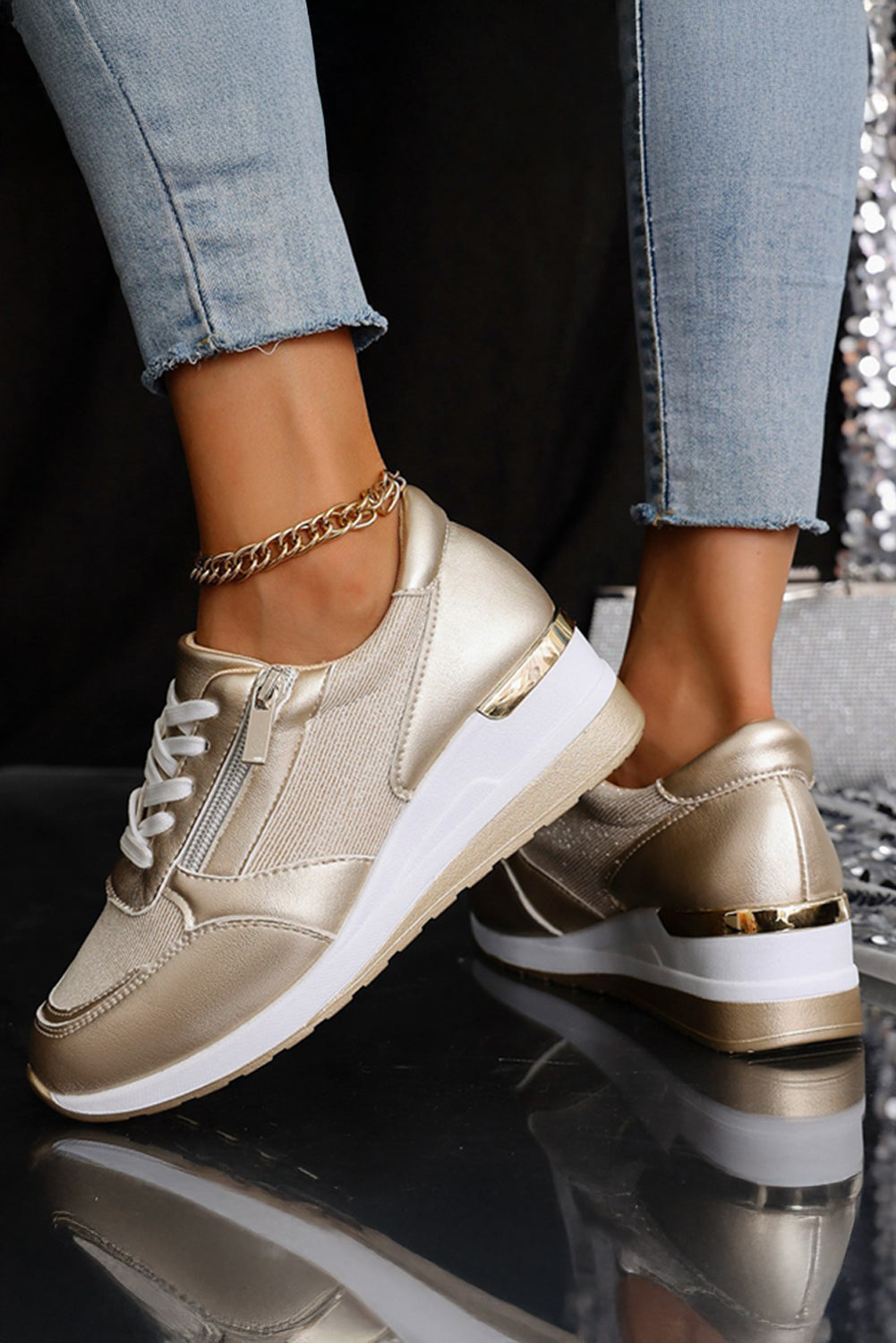 Gold PU Leather Patchwork Zipper Lace Up Sneakers