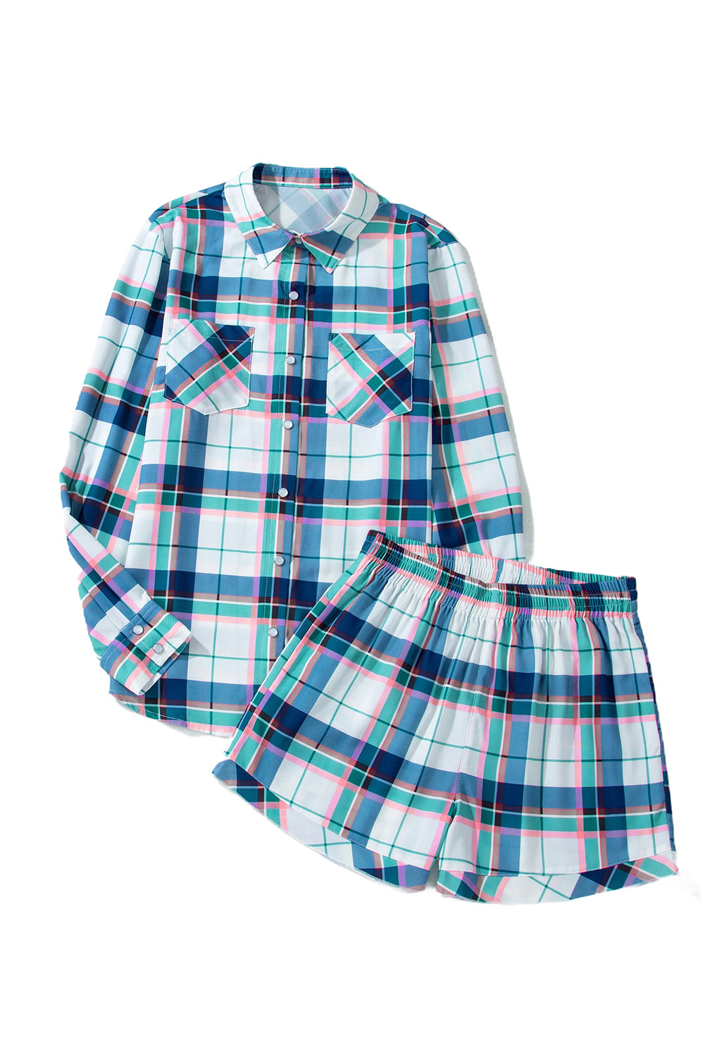 Blue Plaid Print Shirt and Frill Trim Shorts Pajama Set