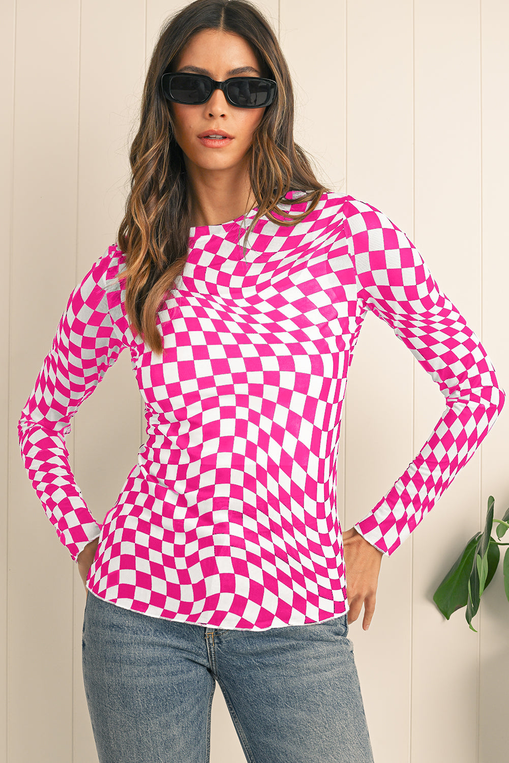 Black Checkered Pattern Mesh Long Sleeve Top