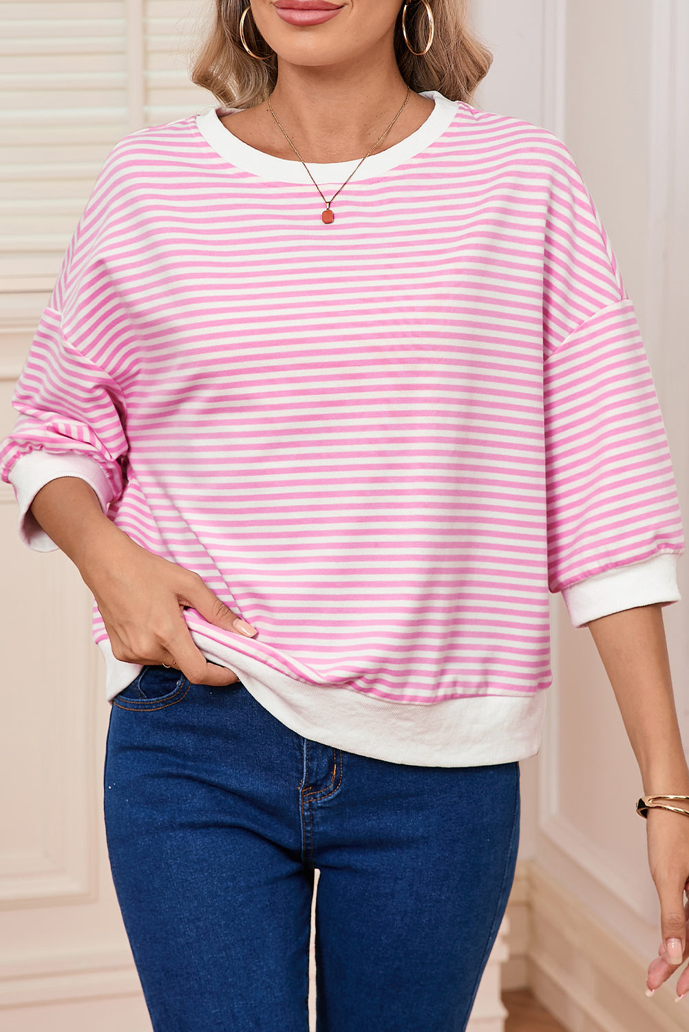 Pink Striped Drop Half Sleeve Round Neck T-Shirt