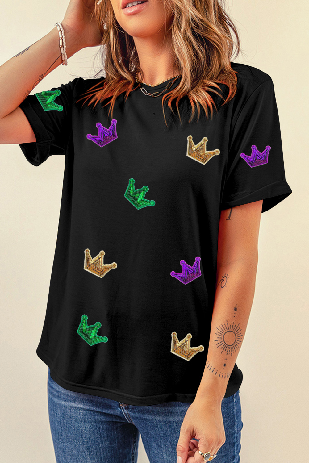 Black Mardi Gras Crown Patched Graphic T Shirt