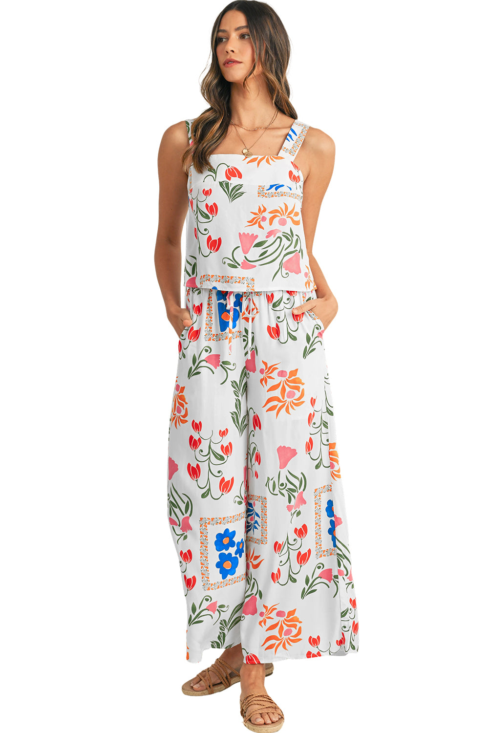 White Square Neck Tank & Wide Leg Pants Boho Floral Set