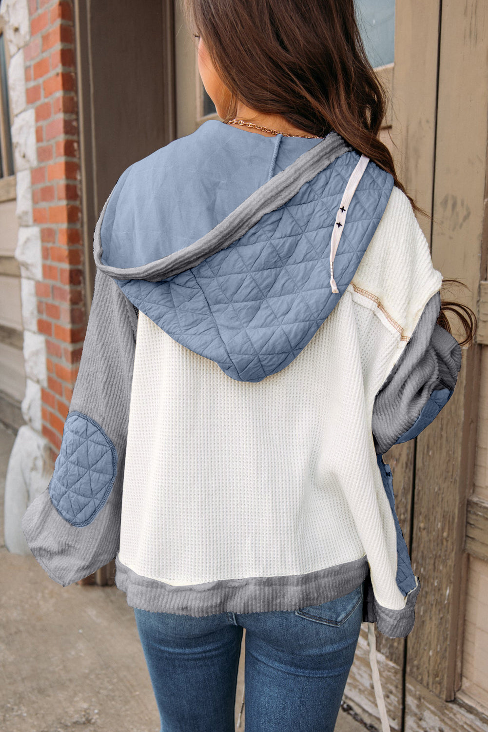 Beige Quilted Textured Patchwork Hooded Jacket