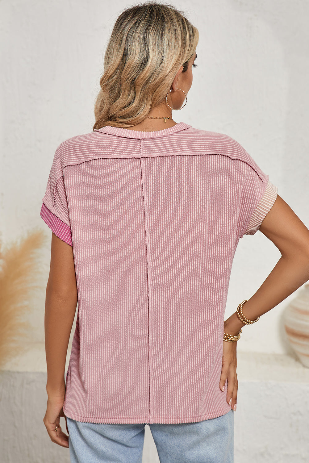 Pink Crinkle Rib Textured Colorblock Round Neck T Shirt