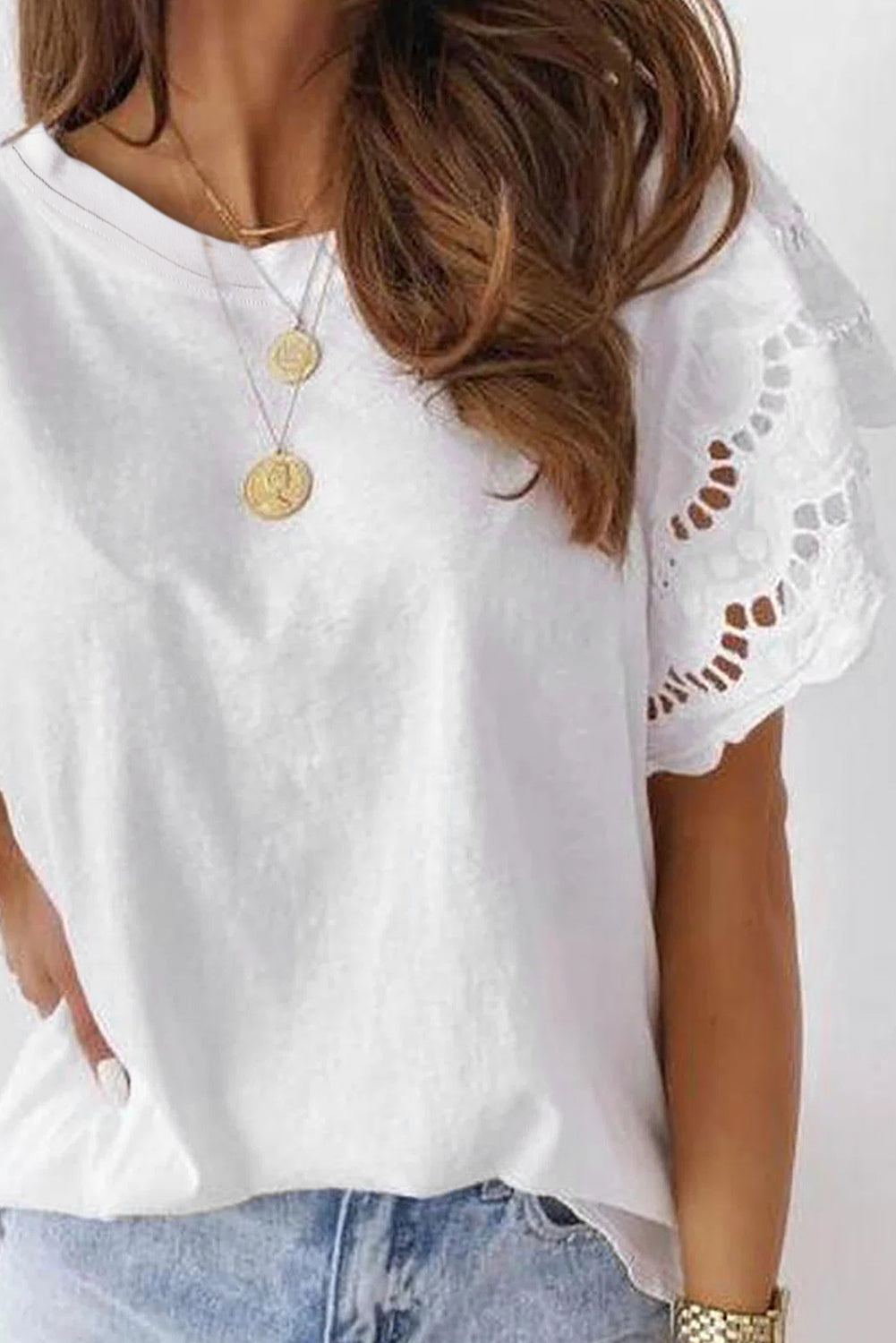 White Eyelet Butterfly Sleeve Business Casual Top