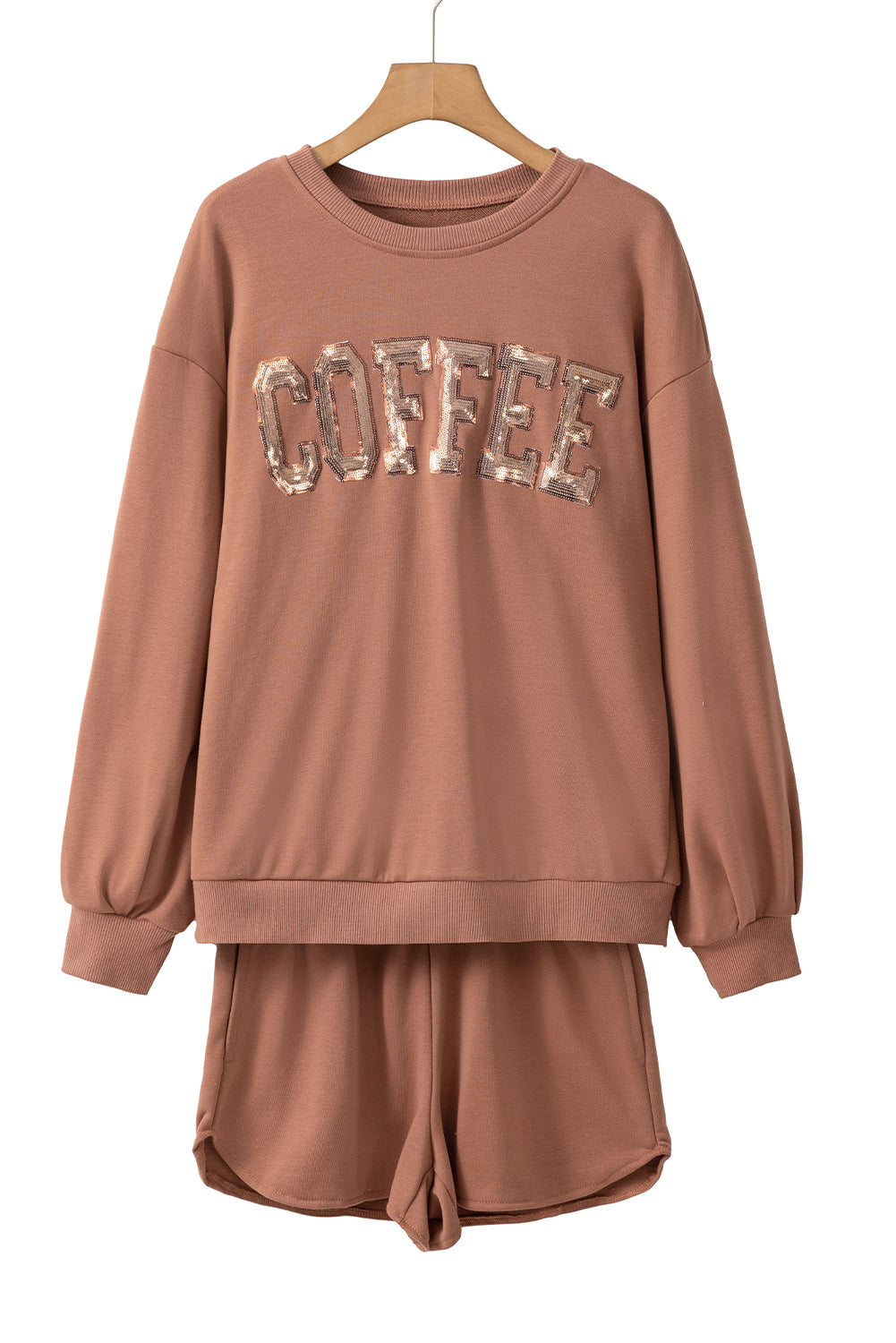 Straw Yellow Sequins COFFEE Loose Fit Sweatshirt and Shorts Set