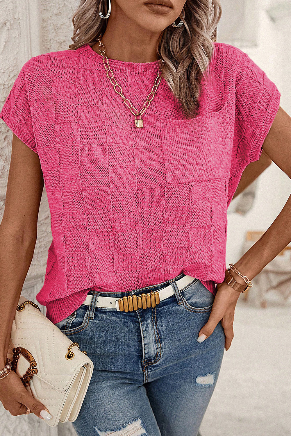 Bright Pink Lattice Textured Knit Chest Pocket Loose Top