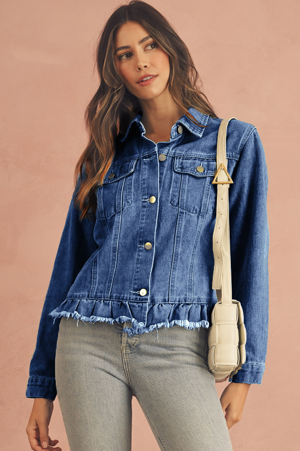 Navy Blue Ruffle Raw Hem Flap Pockets Denim Jacket