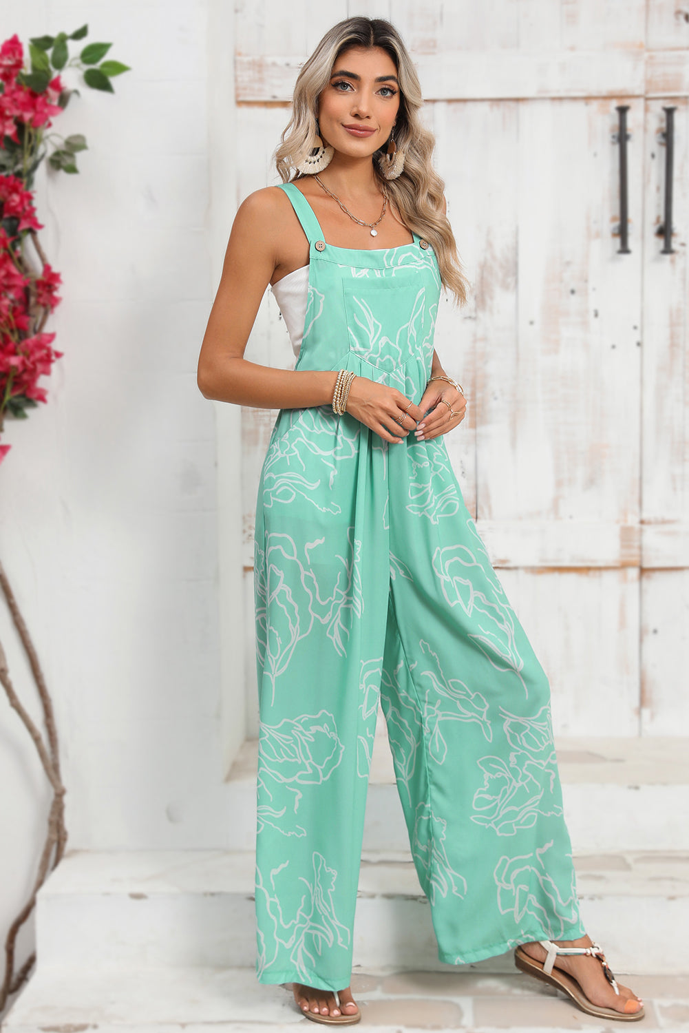 Moonlight Jade Abstract Print Wide Leg Bib Overall